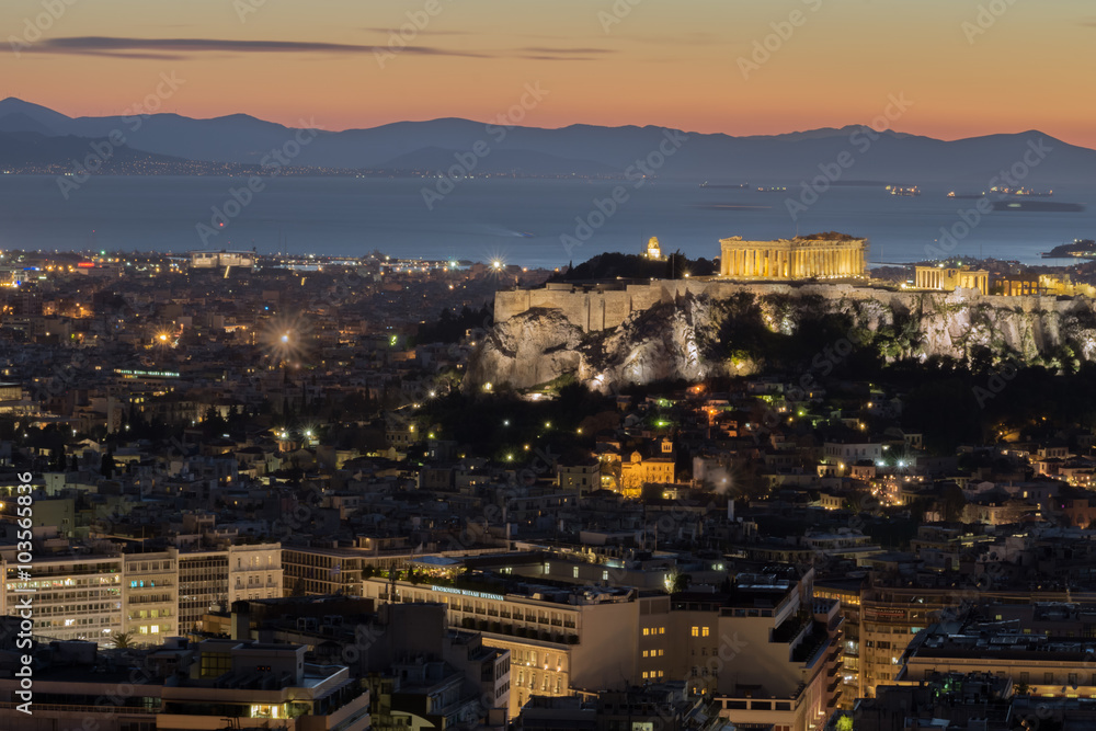Athens, Greece night view of the Acropolis,
