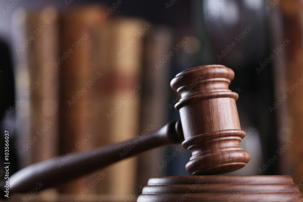Law theme, mallet of judge, wooden gavel, books Law theme, mallet of judge, wooden gavel, books