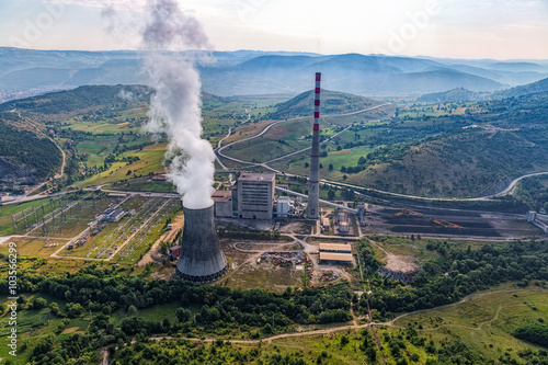 Helicopter shoot of the thermal power plant Pljevlja, only coal-fired power station in Montenegro.