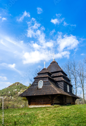 The unique old wooden church in the village Uzhok. Ukraine