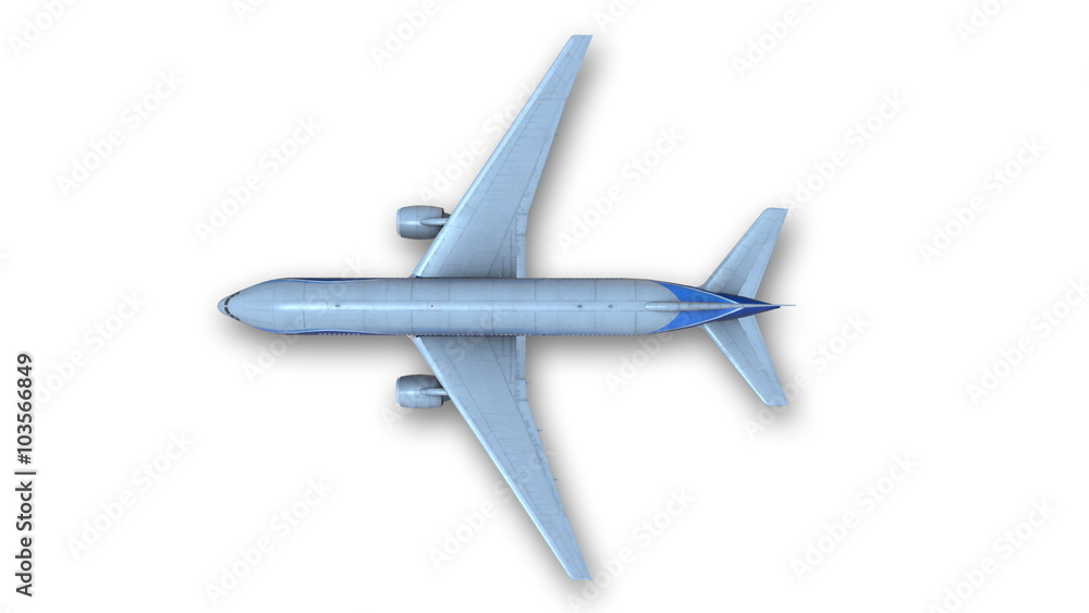 Commercial airplane isolated on white, top view