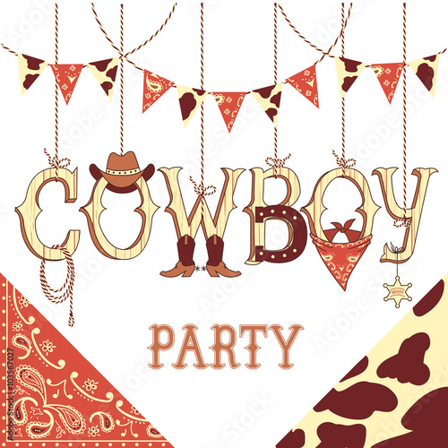 Cowboy party text .Vector background isolated on white for desig