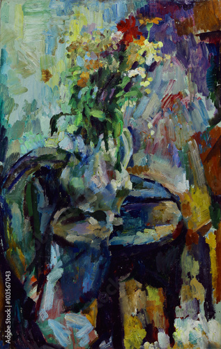 Oil painting still life with flowers in a vase in bright colors in impressionist style On Canvas