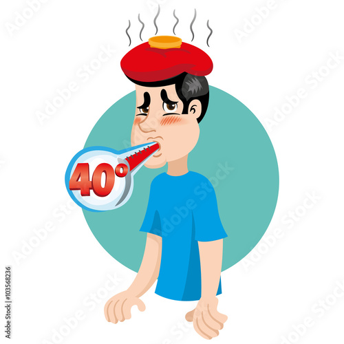 Mascot person man with a high fever, a symptom