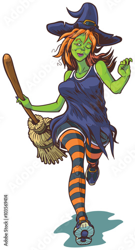 Attractive Witch Running with Broom Cartoon Illustration