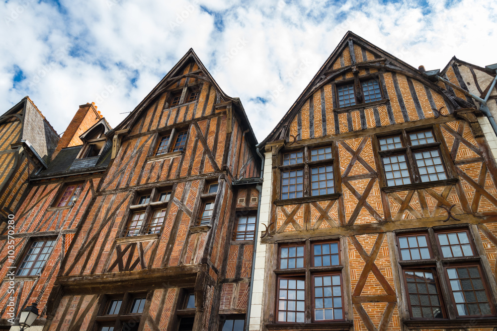 Facades of half-timbered houses in Tours, France