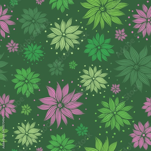Tropical Flowers with Green Background Seamless Pattern
