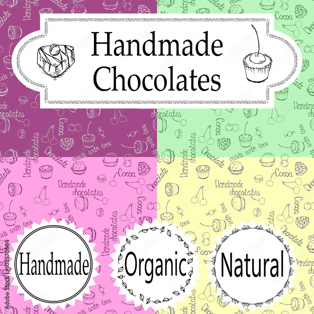 Vector handmade chocolates packaging templates and design elements for candy shop - cardboard with emblems and logos and seamless patterns