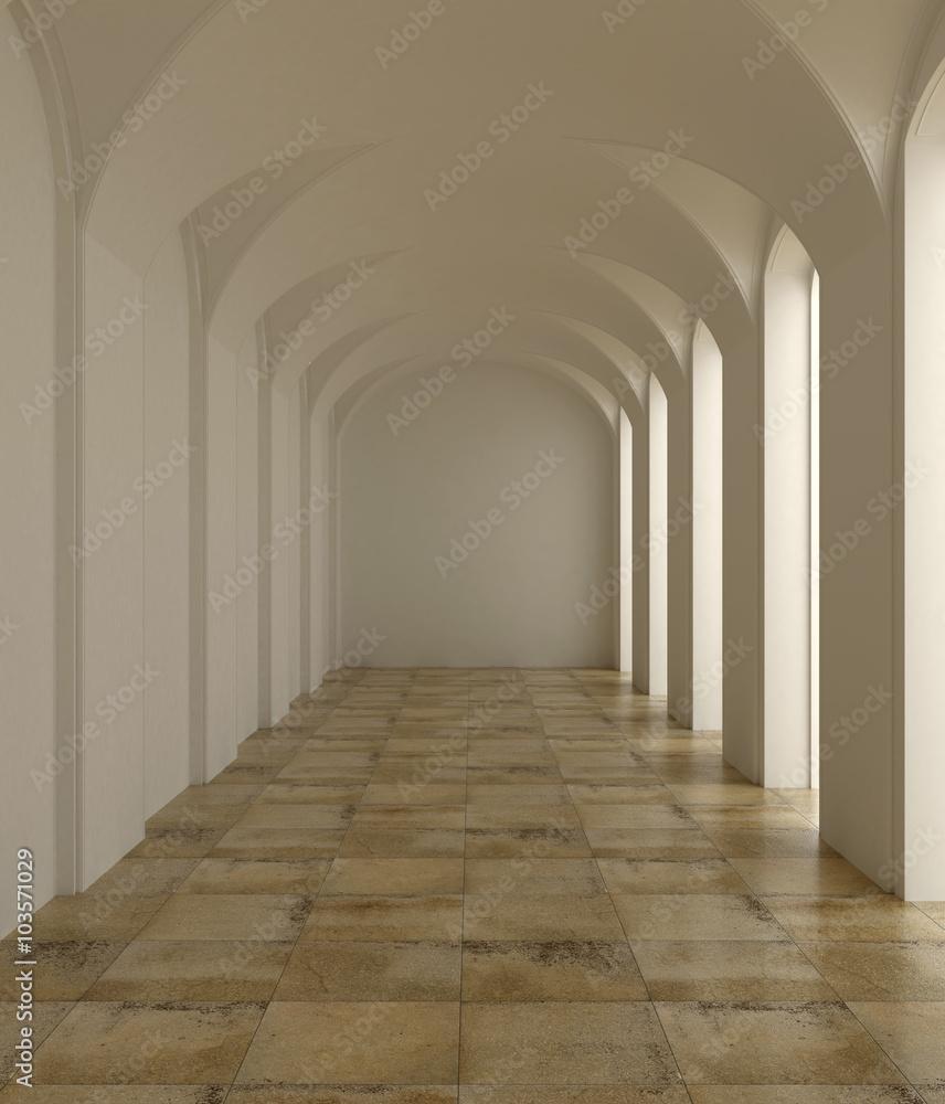 3d rendering. Colonnade. The white classic interior 3d rendering. Colonnade. The white classic interior