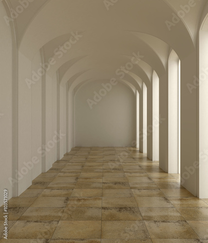 3d rendering. Colonnade. The white classic interior