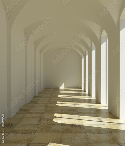 3d rendering. Colonnade. The white classic interior