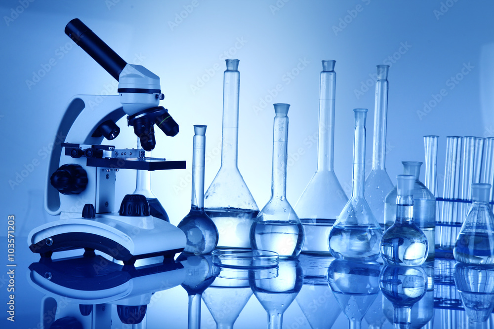 Science concept, Chemical laboratory glassware, microscope Science concept, Chemical laboratory glassware, microscope
