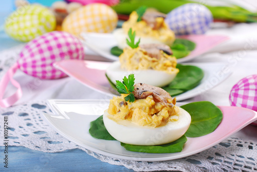 Photography easter eggs stuffed with mushrooms