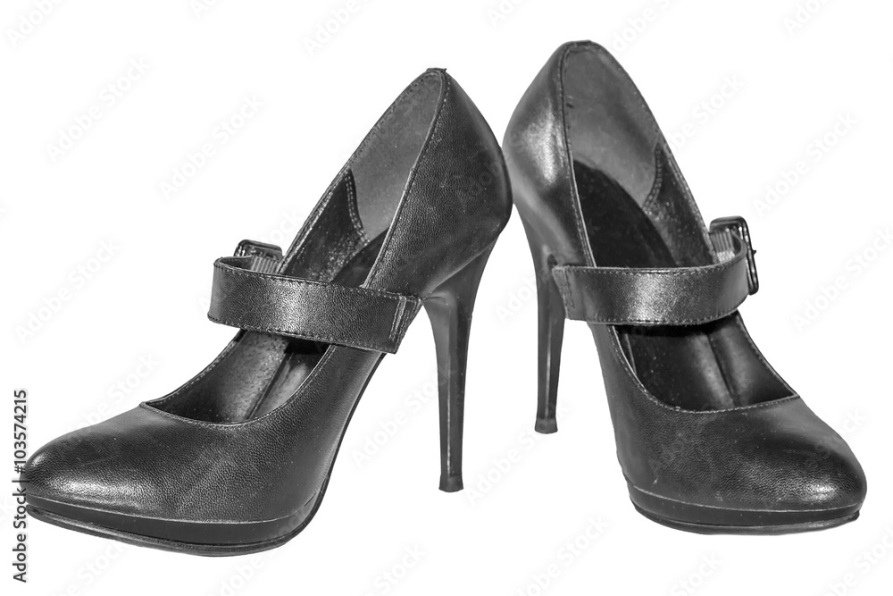 Women's black shoes with strap high heel shoes isolated white ba Women's black shoes with strap high heel shoes isolated white ba