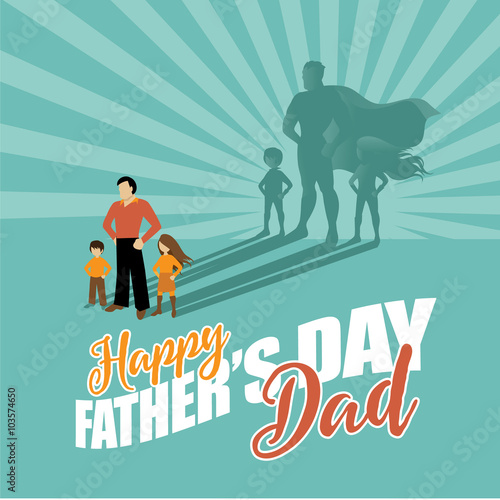 Happy Father's Day superhero dad and kids. EPS 10 vector.
