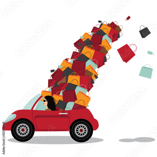 woman driving convertible overloaded with shopping bags. EPS 10 vector.