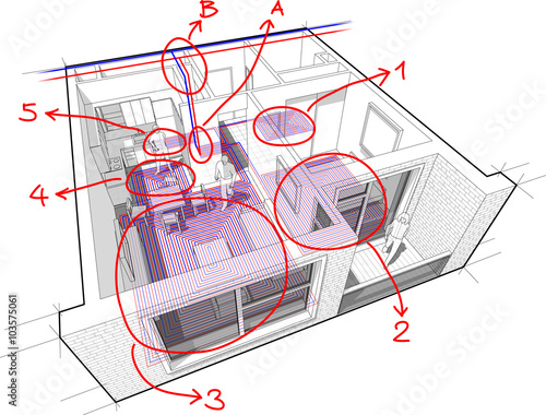 Apartment diagram with underfloor heating and hand drawn notes