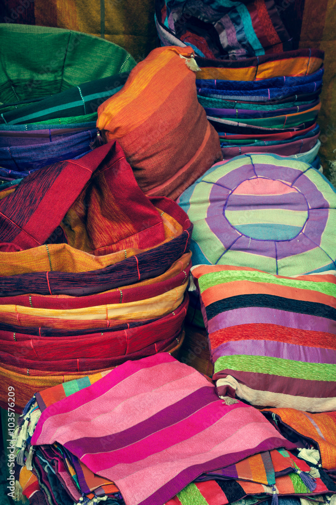Old Medina souk Fez, artisan shop of colorful moroccan leather,