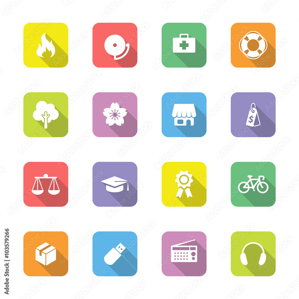 colorful web icon set 6 on rounded rectangle with long shadow for web design, user interface (UI), infographic and mobile application (apps) colorful web icon set 6 on rounded rectangle with long shadow for web design, user interface (UI), infographic and mobile application (apps)