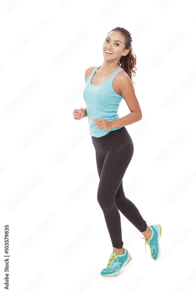 asian woman running pose isolated over white background asian woman running pose isolated over white background