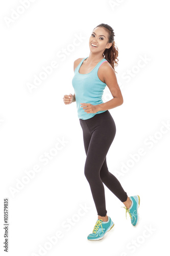 asian woman running pose isolated over white background