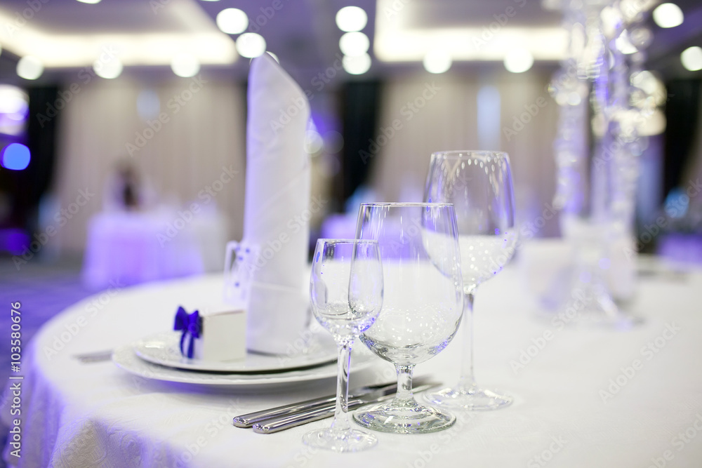 Table set for wedding or another catered event dinner.
