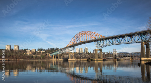 Pattullo Bridge and Railroad Track over the Fraser River between New Westminster and Surrey British Columbia
