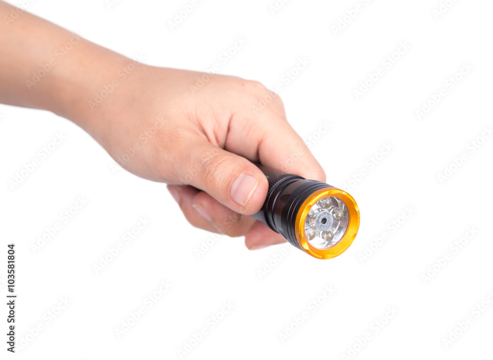 Hand holding flashlight on white background Hand holding flashlight on white background