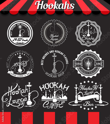 White set hookah icons, labels, signs, symbols and badges on blackboard