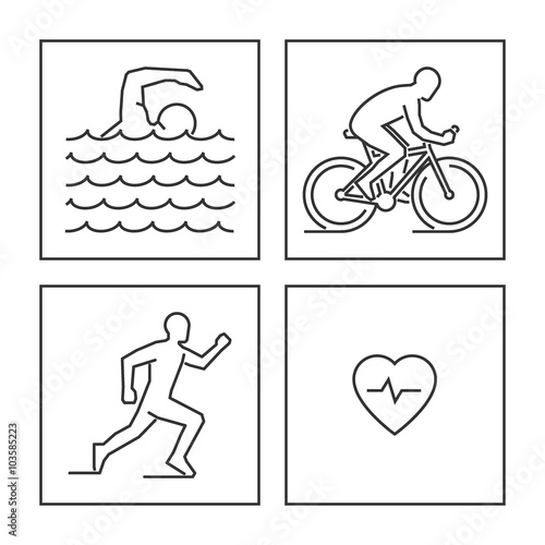 Line logo triathlon. Vector figures triathletes.