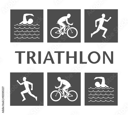 Flat logo triathlon. Vector figures triathletes.