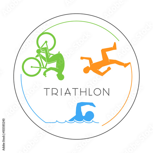 Fototapeta Vector line logo triathlon and figures triathletes.