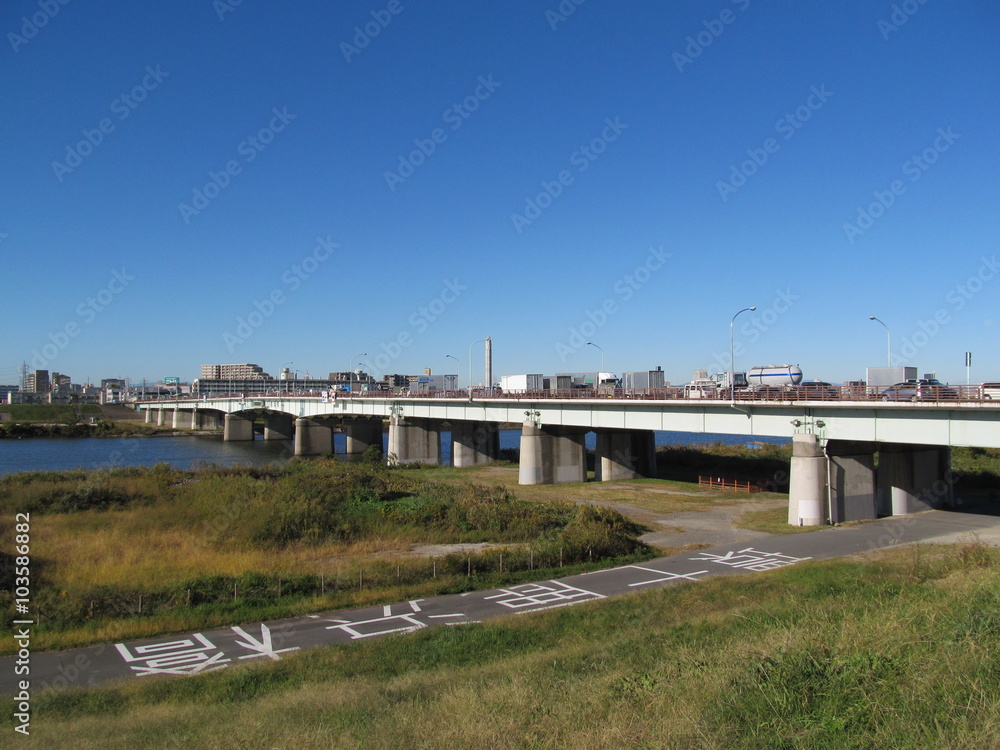 河川敷と鹿浜橋