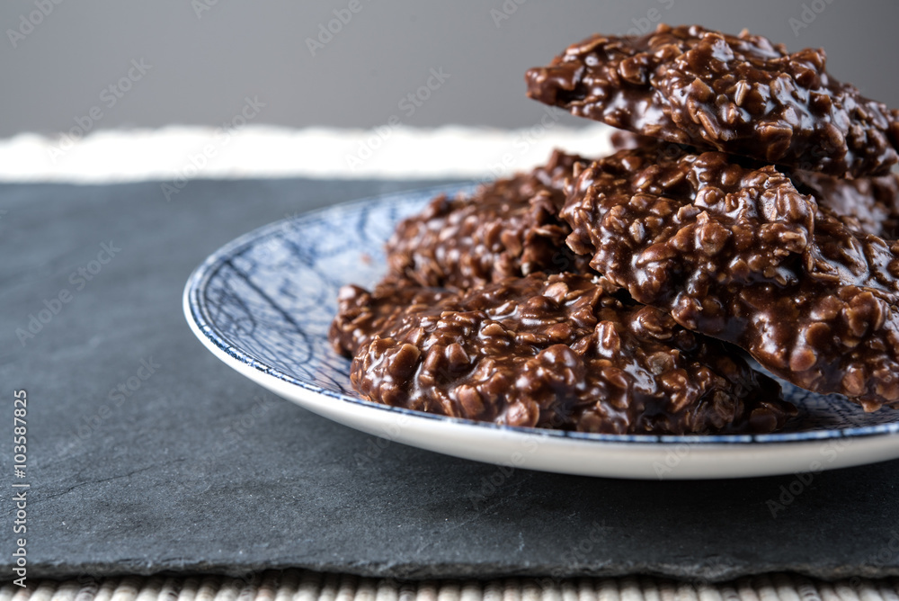 Organic peanut butter & Chocolate No Bake Cookies on a stone cutting board Organic peanut butter & Chocolate No Bake Cookies on a stone cutting board