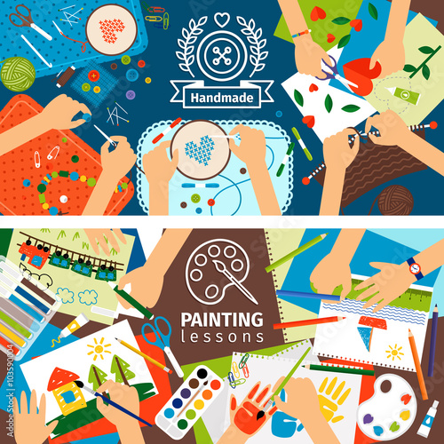 Handmade creative kids banners. Creative process banners with child painting and childrens handiwork. Vector illustration