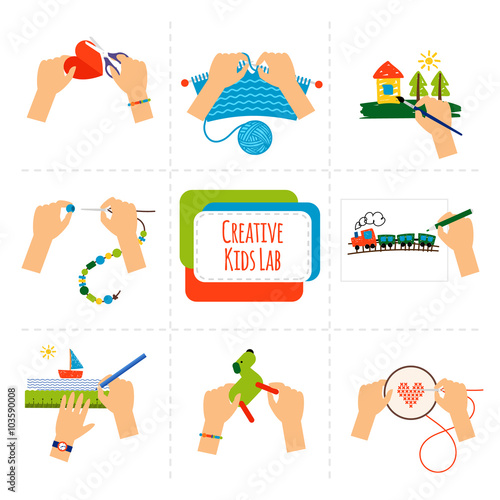 Creative kids hands icons. Pictures of kids hands painting, knitting, drawing and cross stiching. Vector illustration