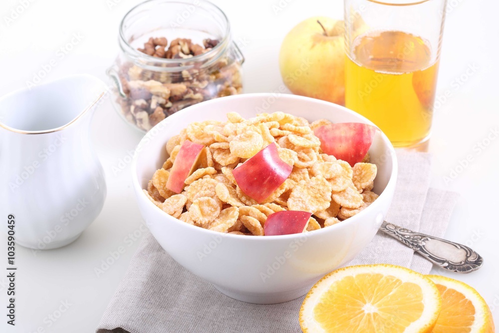Corn and rice flakes with a fresh apple, Muesli with Apple slice Corn and rice flakes with a fresh apple, Muesli with Apple slice
