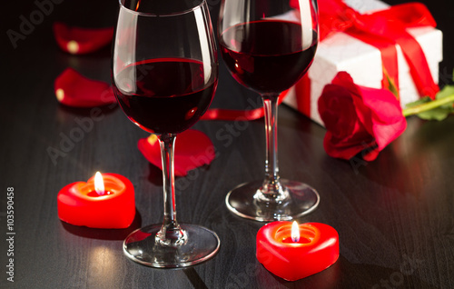 Two red wine glasses for Valentines day