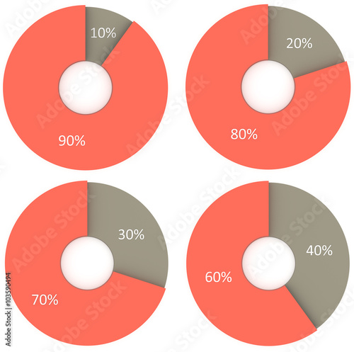 set of 10 20 30 40 percent red and grey pie diagrams isolated on white