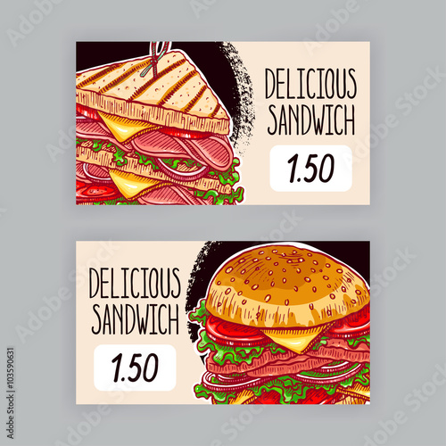 Two banners with sandwiches