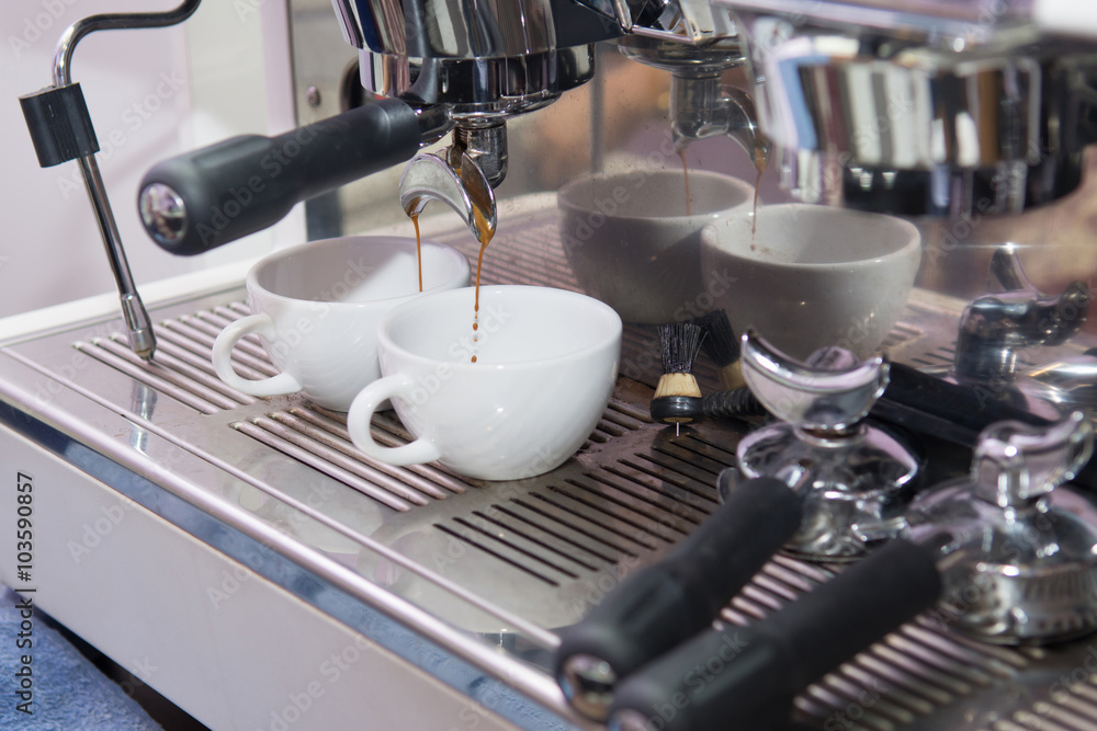 Espresso machine working with bar interior background Espresso machine working with bar interior background