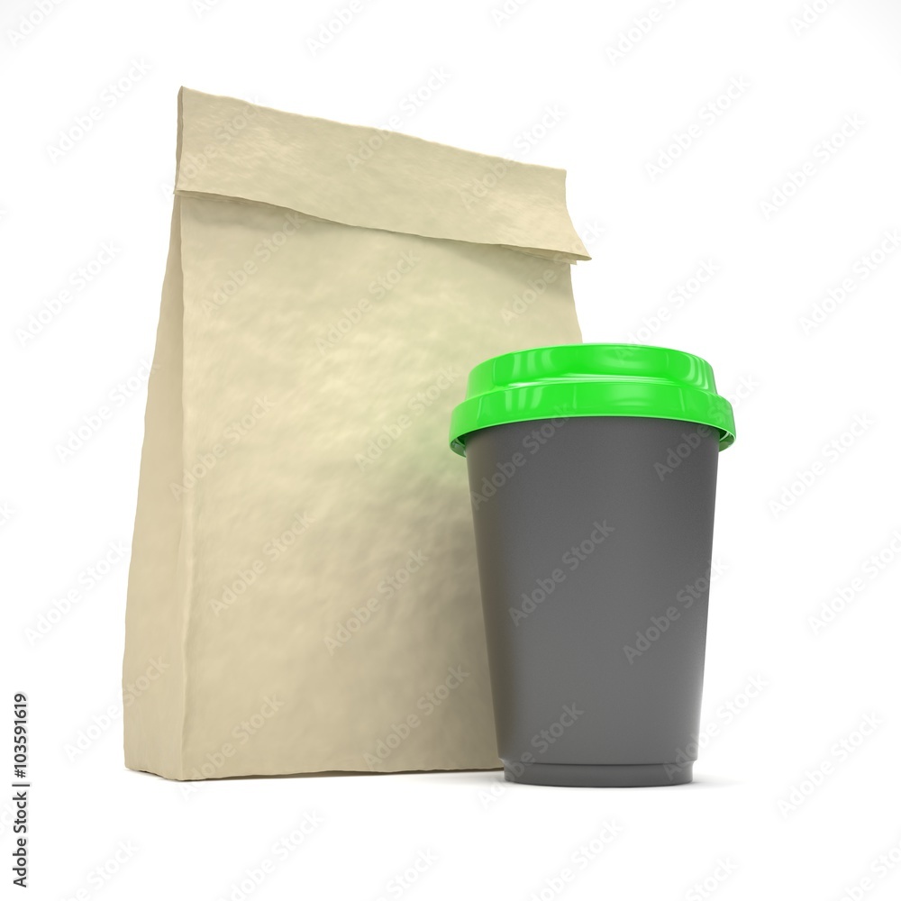 Coffee to go and lunch bag, on white. Coffee to go and lunch bag, on white.