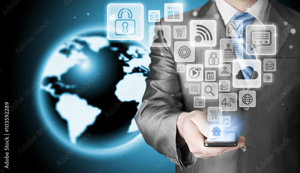 Business man using smart phone with social media icon set Business man using smart phone with social media icon set