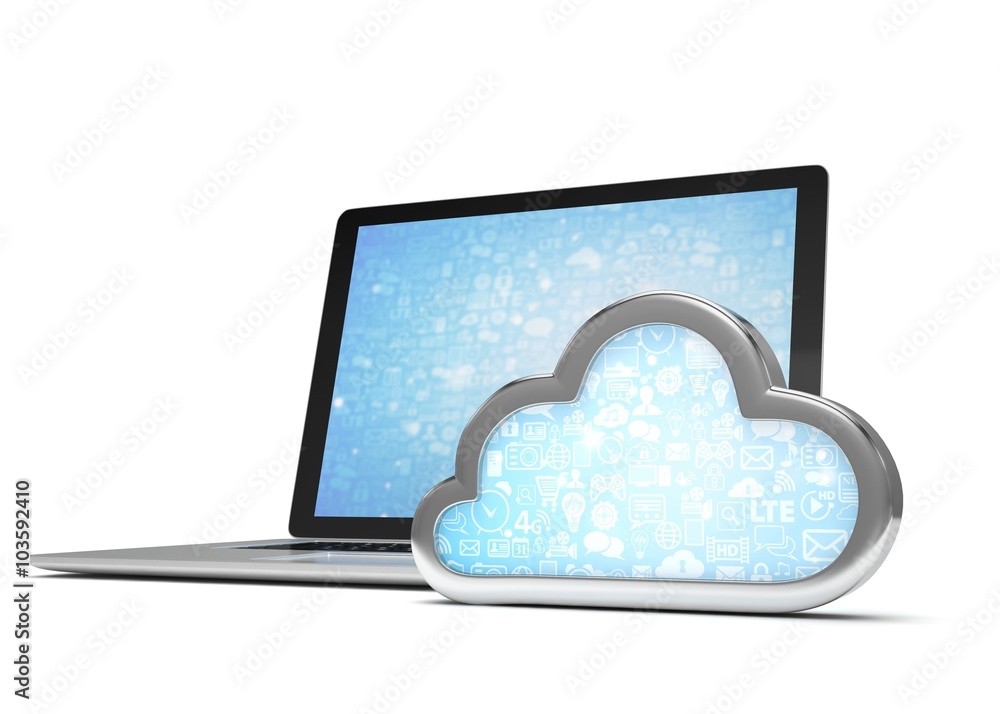 Laptop with cloud computing symbol. 3d render Laptop with cloud computing symbol. 3d render