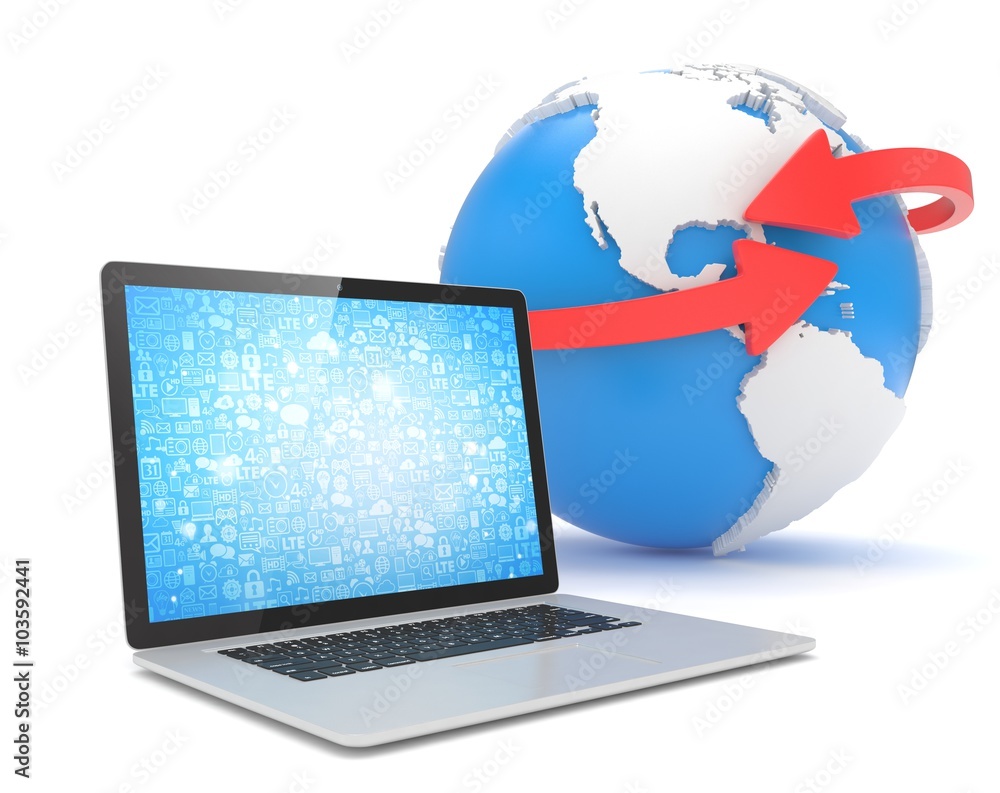 Laptop network and earth globe. 3d render Laptop network and earth globe. 3d render