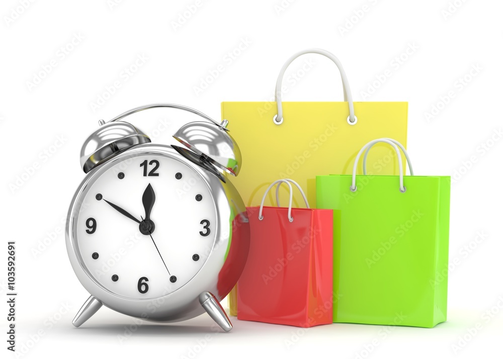 alarm clock and shopping bag (time to buy concept) alarm clock and shopping bag (time to buy concept)