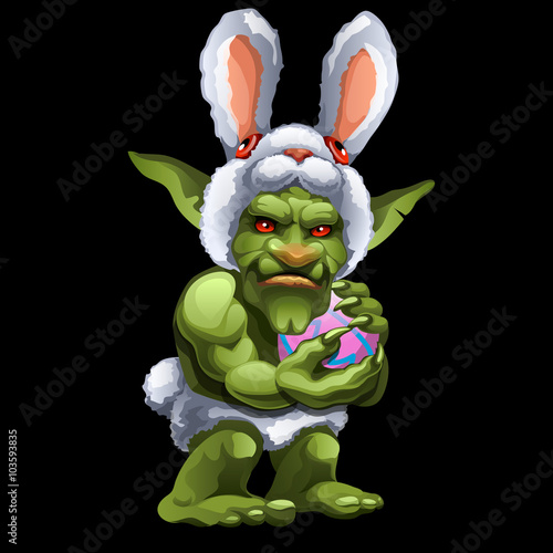 Funny green Troll in Bunny suit with ball