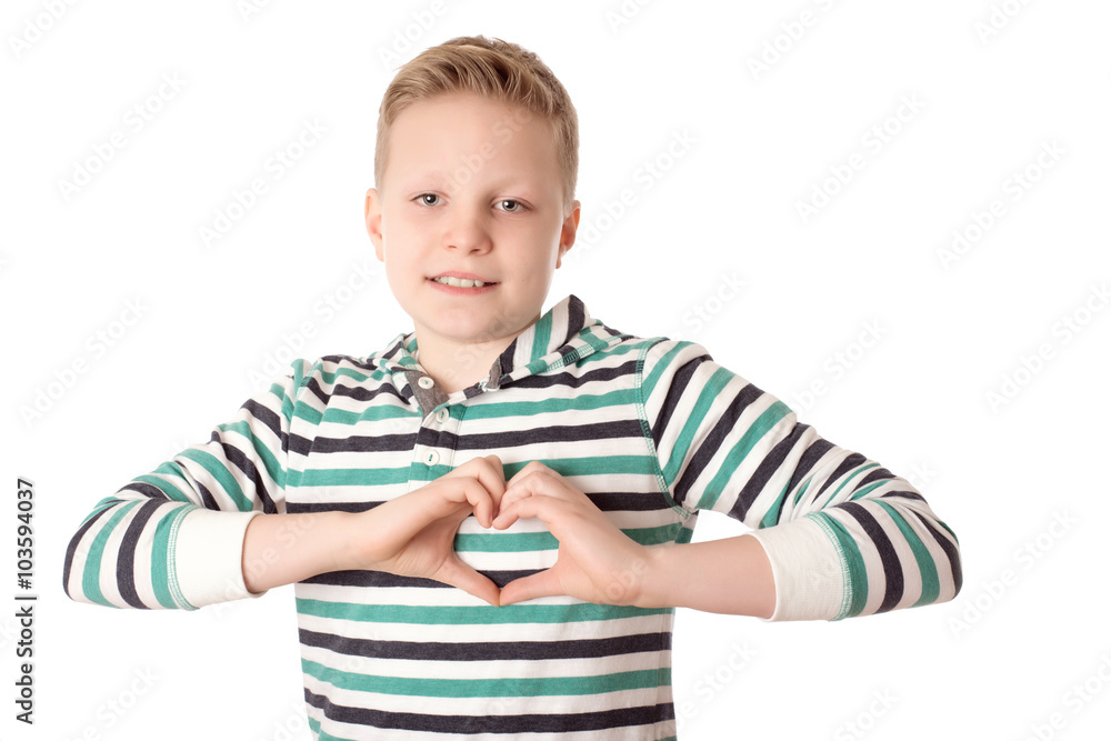 Young boy shaped a heart over the white Young boy shaped a heart over the white