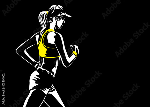 Backside of woman wearing cap and jogging. Illustration about workout and sport of woman in retro style dark tone.