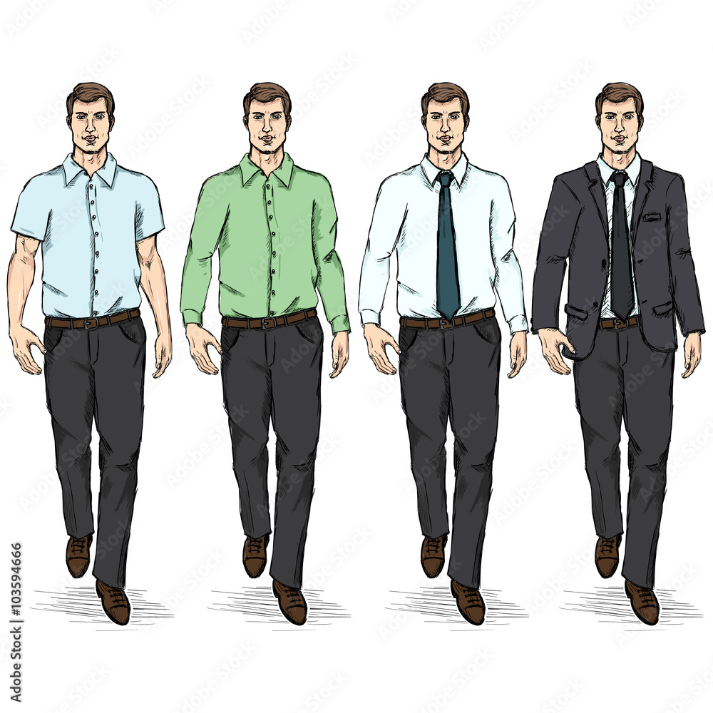 Obraz premium Vector Set of Color Sketch Men Models. Business Dress Code